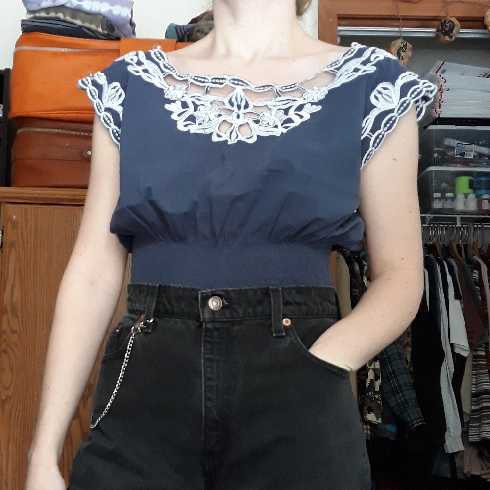 90s Poetry Clothing Embroidered Tank Top Blue Cotton Shirring Size L